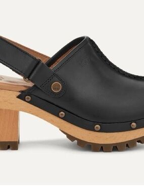 UGG Black Leather Slingback Clog with Wood-Look Heel and Stud Trim